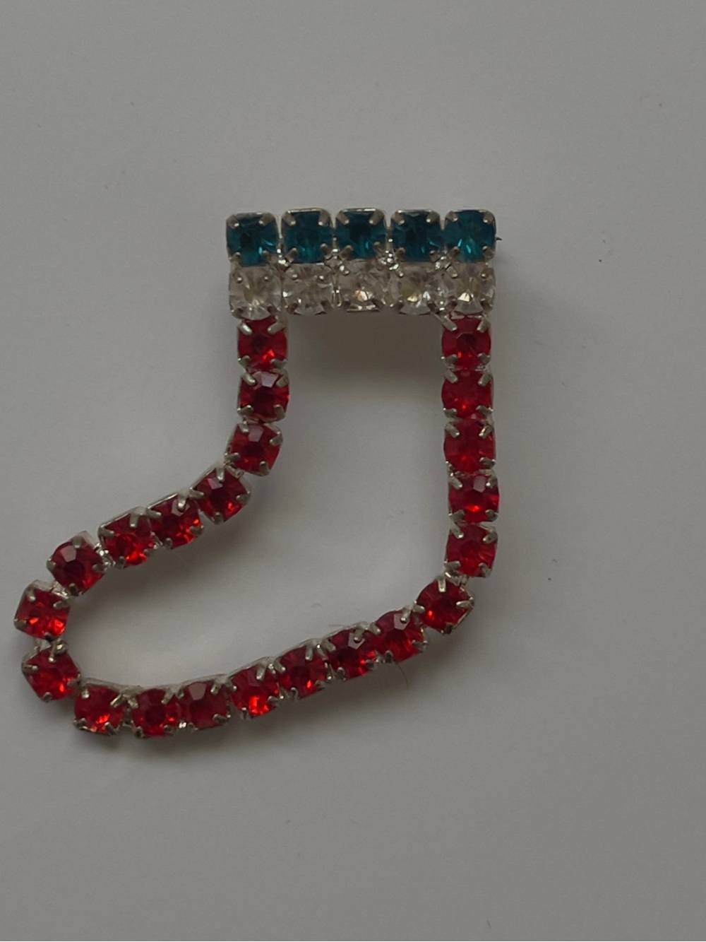 Vintage Red White Blue Rhinestone Christmas Stocking Brooch Pin